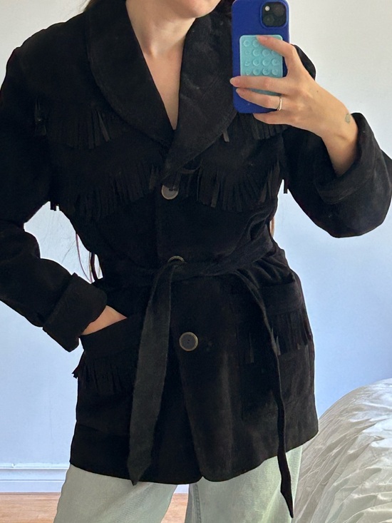 Danier Jackets & Blazers - VINTAGE Danier Black Suede Fringe Belted Trench Coat
